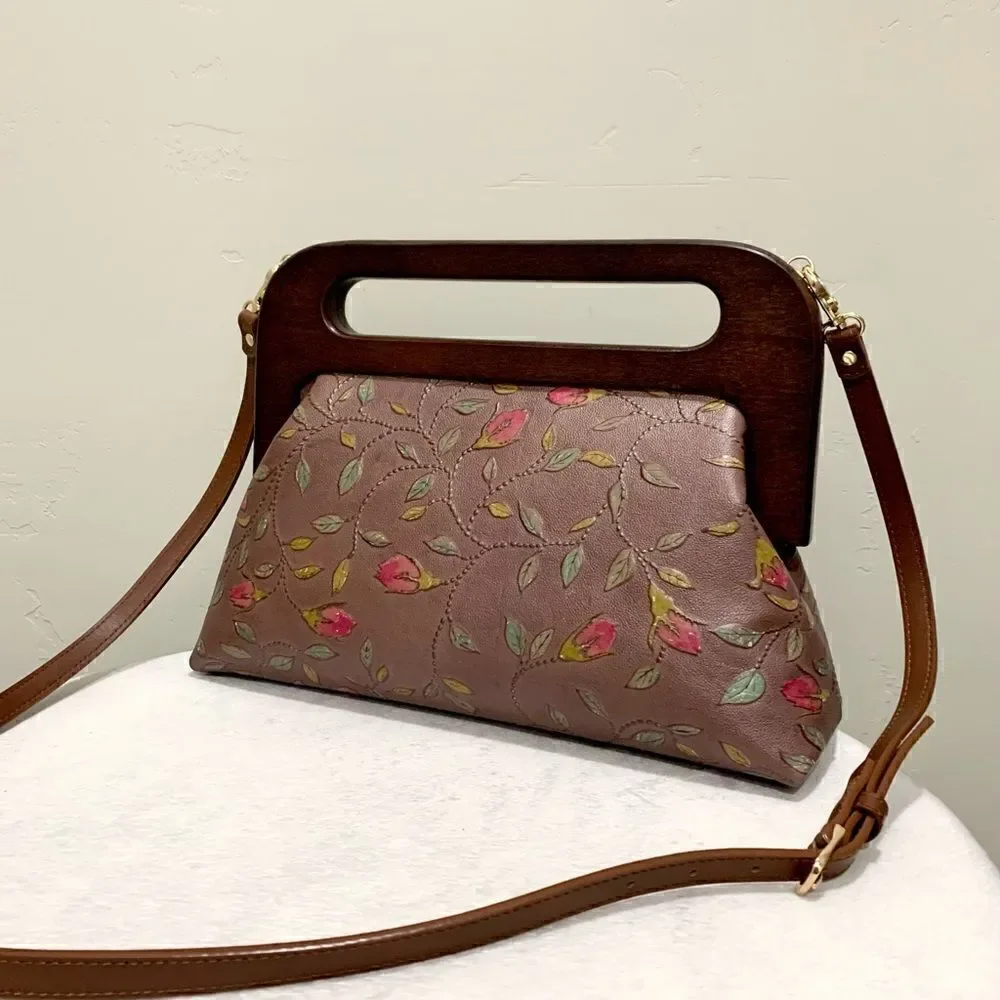Handmade Genuine Embossed Leather Large Wooden Frame Handbag